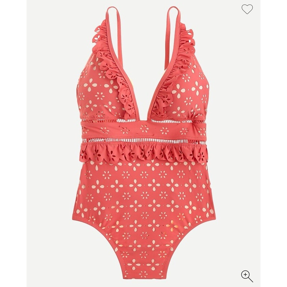 J.Crew Scalloped Ruffle Plunging‎ One-piece in Laser-cut Eyelet Pink size 8